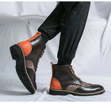 Brown Men's Short Boots Lace-up SquareToe Ankle Strap Gingham Handmade Ankle Cowboy Mart Lion   