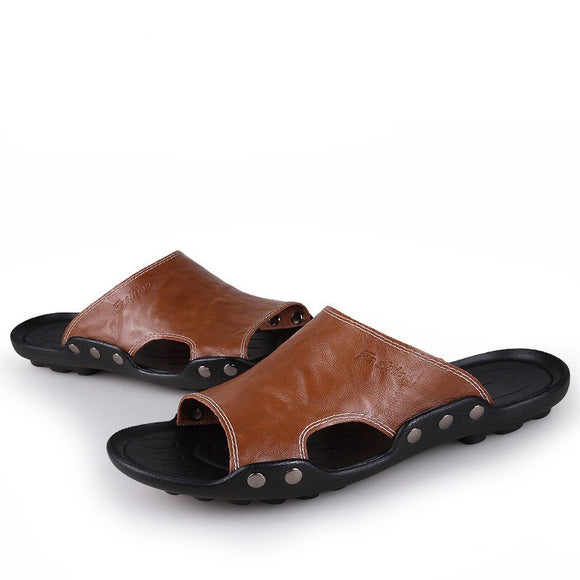 Men's Slippers Summer Genuine Leather Casual Slides Street Beach Shoes Black Cow Leather Sandals Mart Lion Chocolate 36 