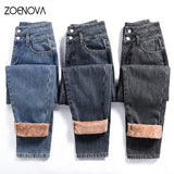 ZOENOVA WinterJeans For Women Velvet Thick Warm Denim Pants High Waist Fleece Mom Jean Baggy Vintage Wide Leg Harem Denim Pant  MartLion
