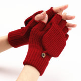 Wool Knitted Fingerless Flip Gloves Winter Warm Flexible Touchscreen Gloves Men Women Unisex Exposed Finger Mittens Glove Mart Lion Red  