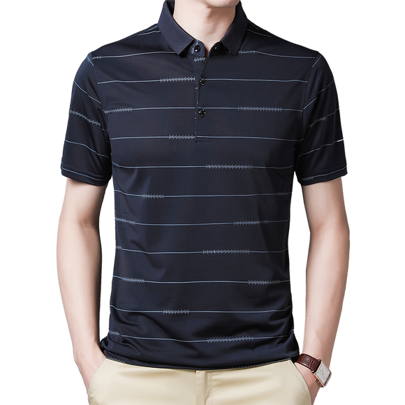 Summer Oversized T Shirt Men's Short Sleeved Striped Breathable Anti-wrinkle Turn-down Collar Clothing Mart Lion   