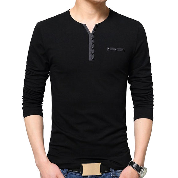 Autumn T Shirt Men's Oversize Oversized Long Sleeve Henry Collar Cotton Slim Fit Tops Mart Lion black t-shirt Asian size M 
