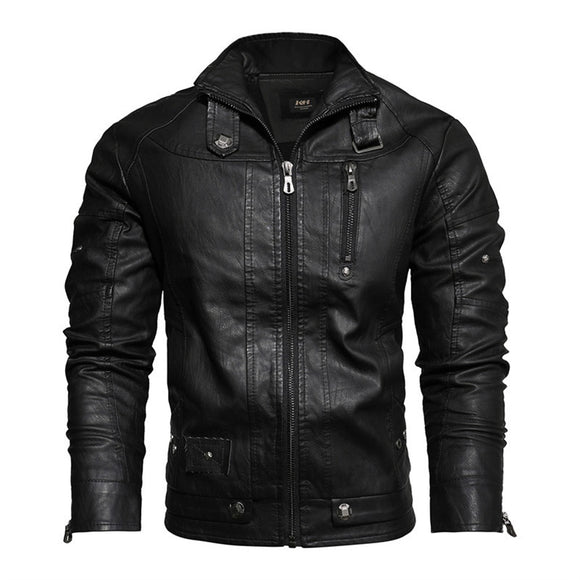 Men's PU Leather Jacket Retro Slim Autumn Winter Solid Color Stand Collar Leather Mart Lion   
