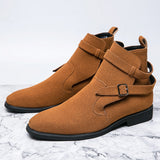 Winter Boots Men Handmade Ankle High Faux Suede Leather Dress Formal Buckle Design Chelsea Mart Lion   