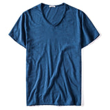 Summer V-neck T-shirt Men's 100% Combed Cotton Solid Short Sleeve Fitness Undershirt Tops Tees Mart Lion Blue CN Size S 50-55kg 