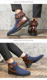 Men Short Boots Buckle Strap Mixed Colors Blue Brown Shoes Handmade Ankle - MartLion