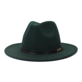 Black leather belt decoration Felt Hats Fedora Hat Men's Women artificial wool Blend Simple Wide winter Fedora Hats Mart Lion Dark green 56-58cm 