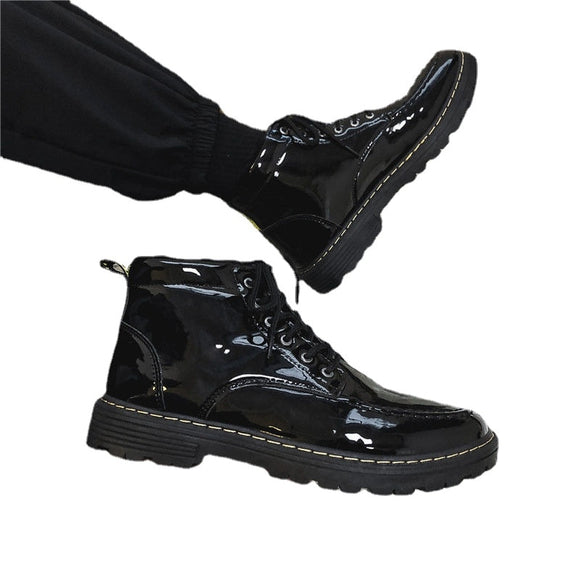 Spring and Summer Black Leather Shoes Men's High-Top All-Match Thick Bottom Increased Waterproof Fashion Boots Mid-TopTide Shoes  MartLion