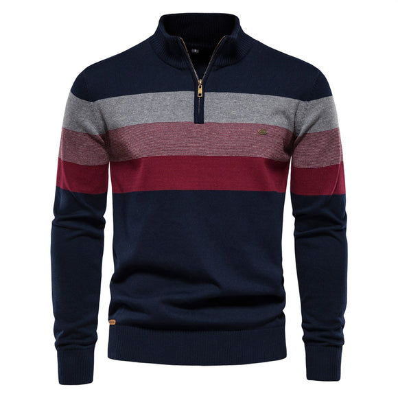 Men.s Patchwork Pullover Sweater Cotton Casual Zipper Mock Neck Sweater Winter Warm Mart Lion navy Size S 55-65kg 