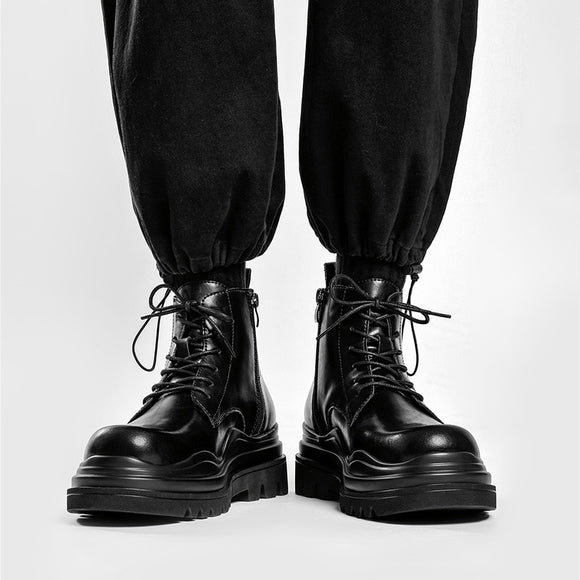 Men's Platform Chelsea Boots Thick Sole Split Leather Ankle shoes Round Toe Short Mart Lion Side Zipper Black 38 