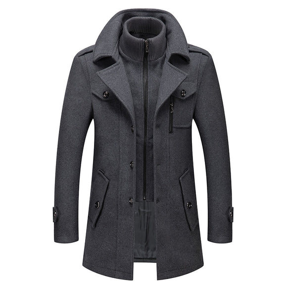 Winter Men's Wool Blends Coats Solid Color Thick Warm Woolen Overcoat Double Neck Trench Coat Single Breasted Windbreaker - MartLion