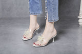 High Heels slippers Summer Korean Style Pearl Transparent Slippers Women Outer Wear Stiletto Heel Square Toe Sandals Mart Lion   