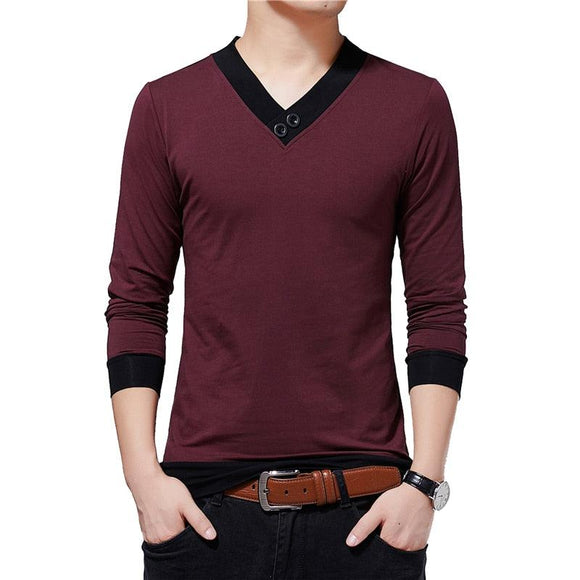  Men's Clothes Autumn Casual T-shirt V-neck Patchwork Color Design Top Tees Mart Lion - Mart Lion