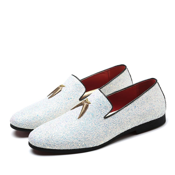 Men's Casual Shoes Sequins Bling Glitter Party Wedding Flats Light Driving Loafers Moccasins Mart Lion White 37 (US 5.5) China