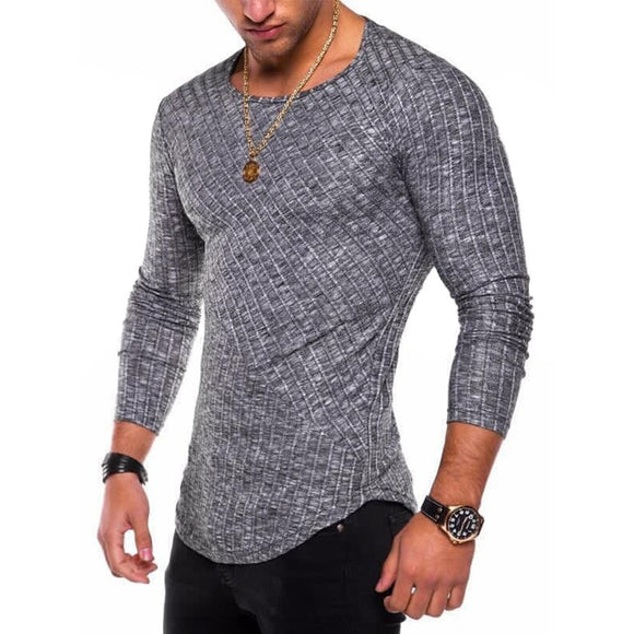  Men's Long-Sleeved Pit Strip  Stitching Arc Hem Bottoming Shirt Round Neck T-Shirt Hot Style Mart Lion - Mart Lion