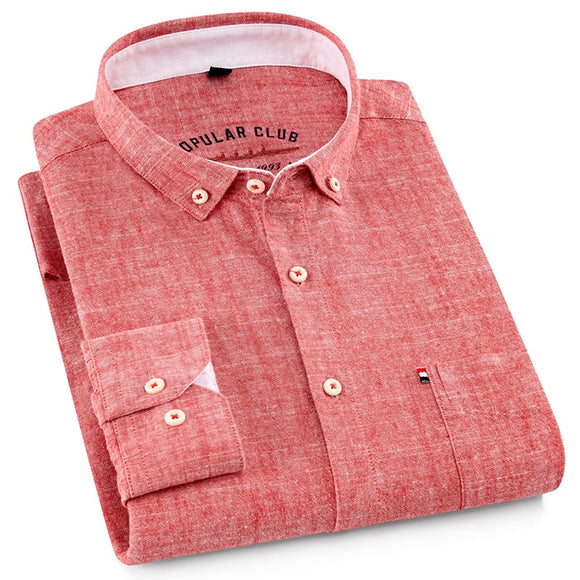 Men's Versatile Casual Long Sleeve Solid Linen Cotton Shirts Single Pocket Button-down Breath Soft Slim-fit Shirt Mart Lion   