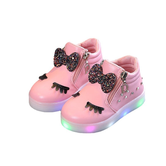 Children Glowing Sneakers Kid Princess Bow for Girls LED Shoes Luminous Baby Kids Flat Cute Baby Light Mart Lion pink 21-Insole 13.5cm 