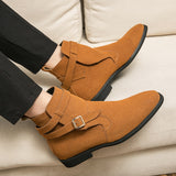 Winter Boots Men Handmade Ankle High Faux Suede Leather Dress Formal Buckle Design Chelsea Mart Lion brown 38 