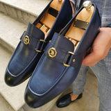 Men's Loafers Blue Brown Metal Decoration Classic Slip-on Dress Shoes with Mart Lion   