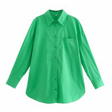 Green Women's Oversize Shirt 100% Cotton Blouse Autumn Casual Basic Top Long Sleeve Loose Beautiful Blouses Mart Lion   