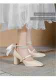 Women High Heels Bow Fairy Style High-Heeled Strap Chunky Heel Square Toe Simple French Temperament Shoes Mart Lion   