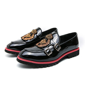 Loafers Men's Shoes PU Black Round Toe Low Heel Daily Casual Party Embroidered Double Buckle Dress Mart Lion Black 38 