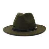 Black leather belt decoration Felt Hats Fedora Hat Men's Women artificial wool Blend Simple Wide winter Fedora Hats Mart Lion Army Green 56-58cm 