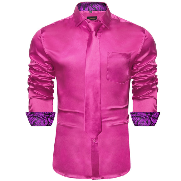 Hot Pink Designer Stretch Satin Shirts Men's Paisley Splicing Contrasting Colors Clothing Long Sleeve Social Shirts Mart Lion CY2270-N8023 S 