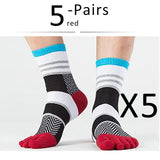 5 Pairs Lot Men's Summer Cotton Toe Socks Striped Contrast Colorful Patchwork Five Finger Basket Calcetines Mart Lion red  