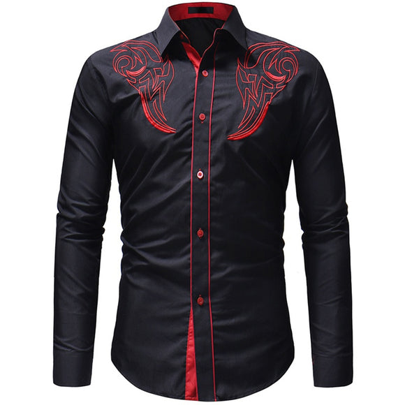 Men's Embroidered Western Shirt Long Sleeve Slim Casual Shirt Mart Lion   