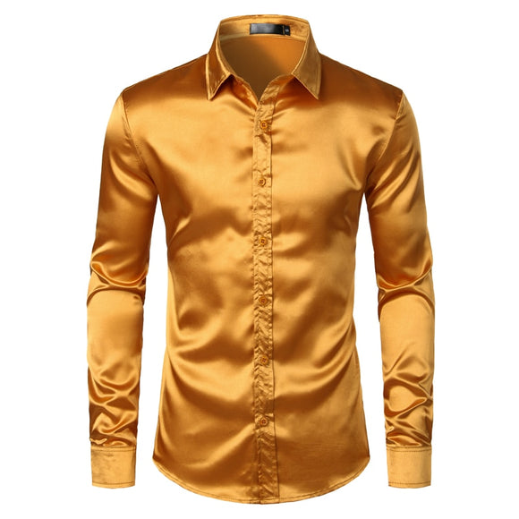 Black Men's Silk Dress Shirts 3Pcs(Shirt +Tie+Bowtie) Smooth Satin Slim Fit Party Prom Casual Social Camisa Mart Lion 1pc Gold USA S 