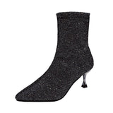 Autumn Bright Diamond Heel Women Shoes Pointed Toe Stiletto Boots Black Stretch Thin Socks Marti Mart Lion   