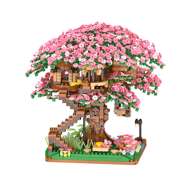 Sakura Flower Treehouse DIY Model Micro Building Block Indoor Decorations Creative Street View Brick Cherry Blossom Kid Toy Gift Mart Lion pink  