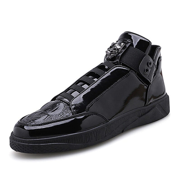 Autumn Men's Casual Sneakers Patent Leather Ankle Boots High-top Basketball Trainers Breathable Sport Shoes Mart Lion Bright black 39 