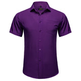 Summer Short Sleeve Shirts for Men's Single Pocket Standard Fit Button Down Purple White Solid Cotton Casual Shirt Mart Lion   