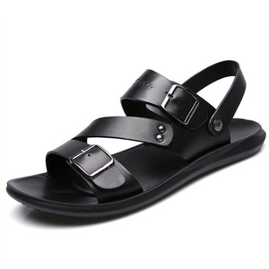 Men's Leather Sandals Slip-on Summer Breathable Slippers Open Toe Casual Outdoor Walking Shoes Beach Mart Lion Black 38 