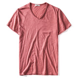 Summer V-neck T-shirt Men's 100% Combed Cotton Solid Short Sleeve Fitness Undershirt Tops Tees Mart Lion Red CN Size S 50-55kg 