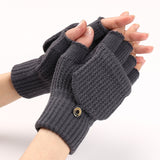 Wool Knitted Fingerless Flip Gloves Winter Warm Flexible Touchscreen Gloves Men Women Unisex Exposed Finger Mittens Glove Mart Lion grey  