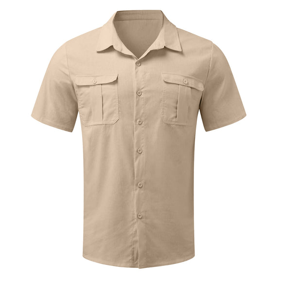 Cotton Linen Men's Short-Sleeved Shirts Summer Solid Color Stand-Up Collar Casual Beach Style Mart Lion   