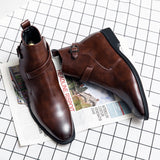 Men's Ankle Boots Brown Black Handmade Pu Leather Buckle Strap Shoes for Bota Masculina Mart Lion brown 38 