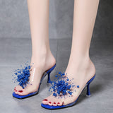 High Heels slippers Summer Korean Style Pearl Transparent Slippers Women Outer Wear Stiletto Heel Square Toe Sandals Mart Lion Blue 33 