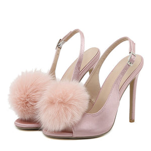 Liyke Pink Fluffy Feather Sandals Women Summer Peep Toe Back Buckle Strap High Heels Slip-On Sling back Shoes Mart Lion   