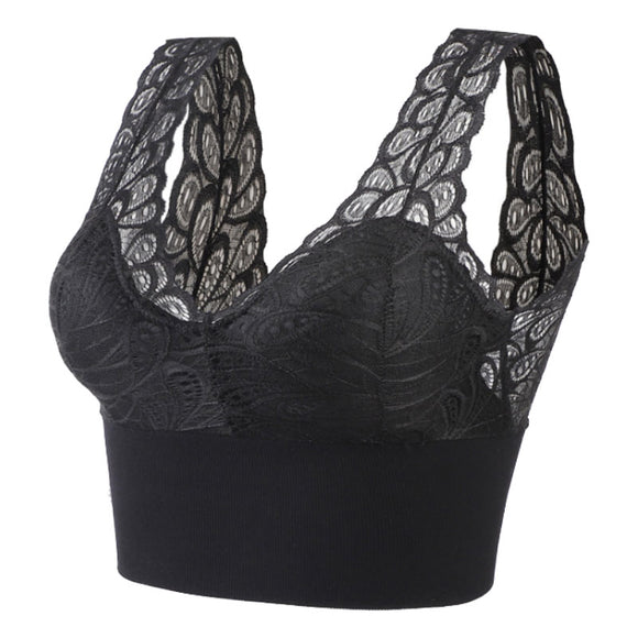Lace Bras For Women Floral Bralette Push Up Wireless Bra Without Underwire Backless Top Sleeping Brassiere Padded Lingerie Mart Lion Black One Size(F) China