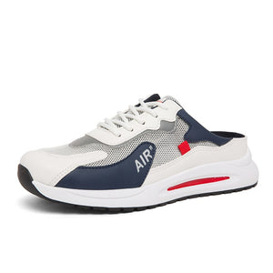 Fujeak Men's Shoes Anti-slip Walking Lightweight Breathable Flat Half Slippers Trendy No Heel Footwear Mart Lion white blue 39 