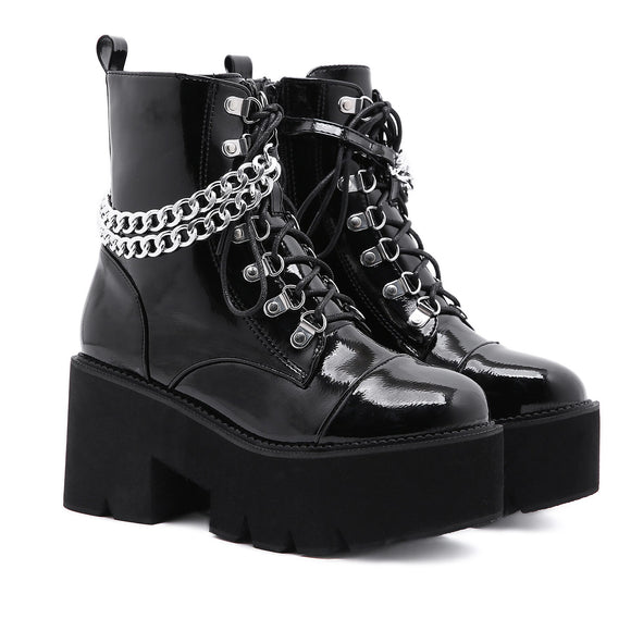 Patent Leather Zipper Goth Boots Gothic Black Women Heel Chain Chunky Heel Platform Female Punk Ankle Mart Lion   
