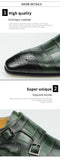 Men's Pattern Genuine genuine leather Handmade Dress Daily Shoes Monk Slip on Casual Buckle Strap Green zapatos Mart Lion   