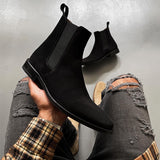 Chelsea Boots Men Black Flock Handmade Shoes Ankle Slip on Mart Lion   