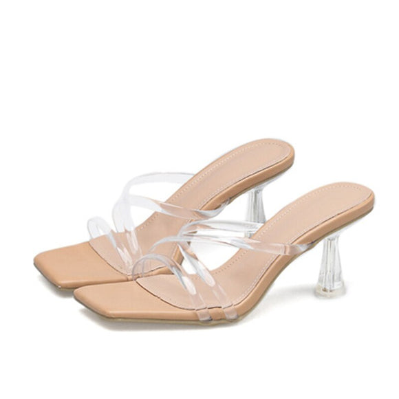 Liyke Concise PVC Transparent Slippers For Women Slides Shoes Casual Square Toe Clear Heeled Summer Beach Sandal Female Mules Mart Lion Apricot 35 