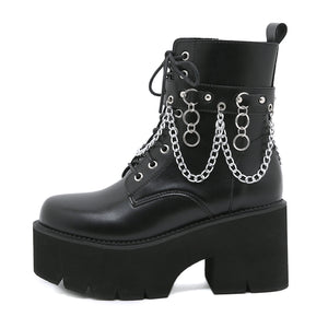 Winter Gothic Punk Women's Platform Boots Black Buckle Strap Zipper Creeper Wedges Shoes Mid Calf Military Combat Mart Lion   