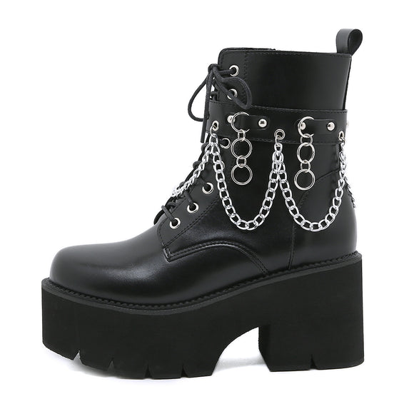  Winter Gothic Punk Women's Platform Boots Black Buckle Strap Zipper Creeper Wedges Shoes Mid Calf Military Combat Mart Lion - Mart Lion